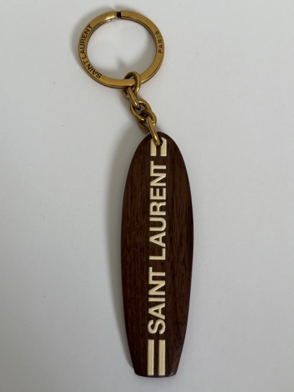 Saint Laurent YSL Surf Surfboard Logo Stripe Wood Charm Keychain Key Ring Fob